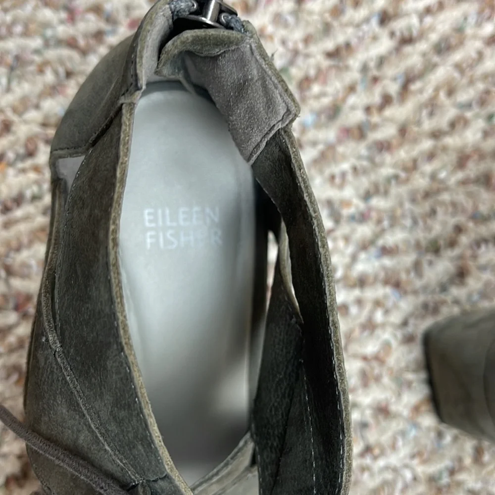 EILEEN FISHER DIBS GREY SUEDE LEATHER LACE-UP WEDGE SANDALS